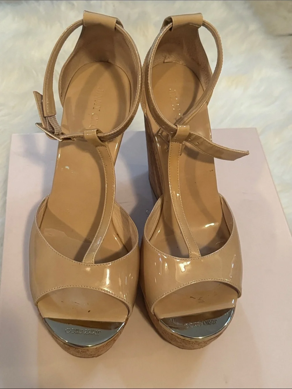 Wedge Platform Sandal in Beige Patent with Cork Heel t strap by Jimmy choo